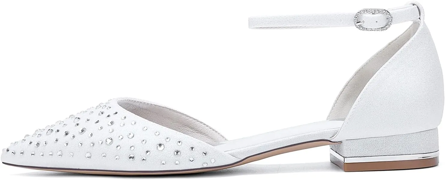 Ivory Rhinestones Bridal Wedding Shoes for Women Low Heel Ankle Strap Pointy Toe Flat Pumps Formal Prom Party Sandals