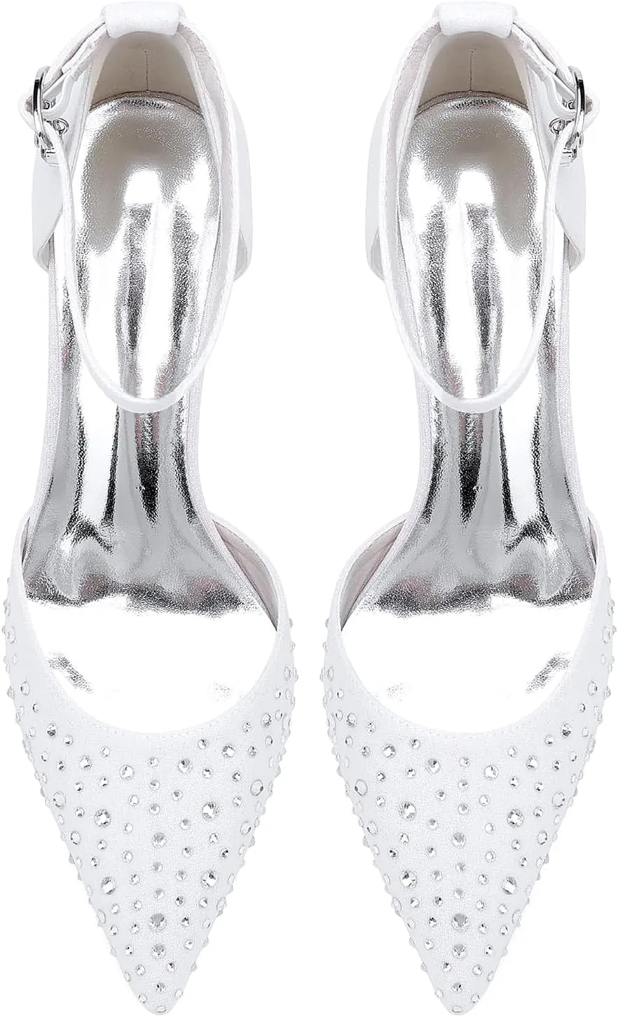 Ivory Rhinestones Bridal Wedding Shoes for Women Low Heel Ankle Strap Pointy Toe Flat Pumps Formal Prom Party Sandals