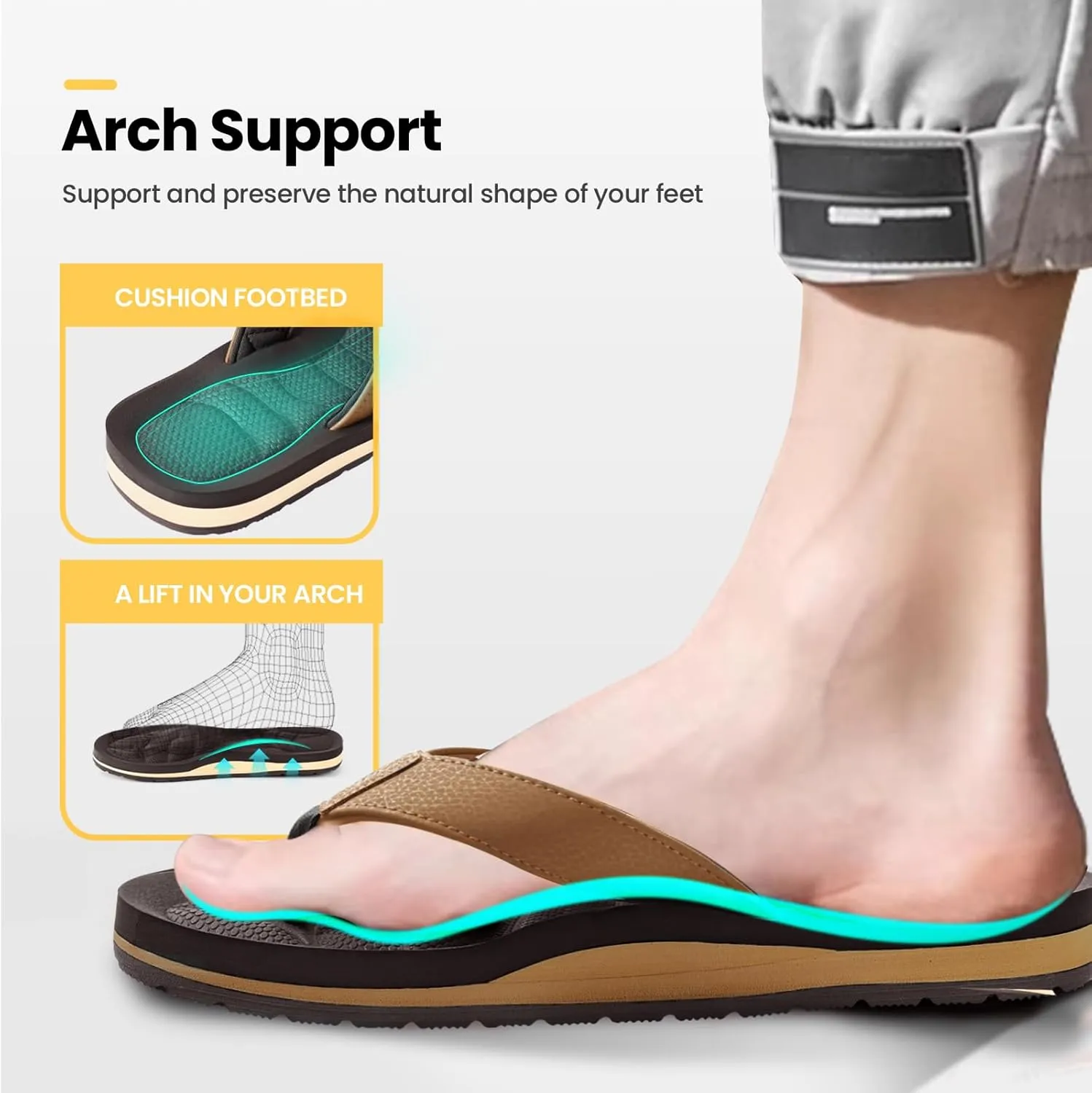 Mens Flip Flops - Comfort Arch Support Slides - Memory Foam Slip On Beach Sandals - Waterproof Open Toe Thong Slippers Summer Footwear