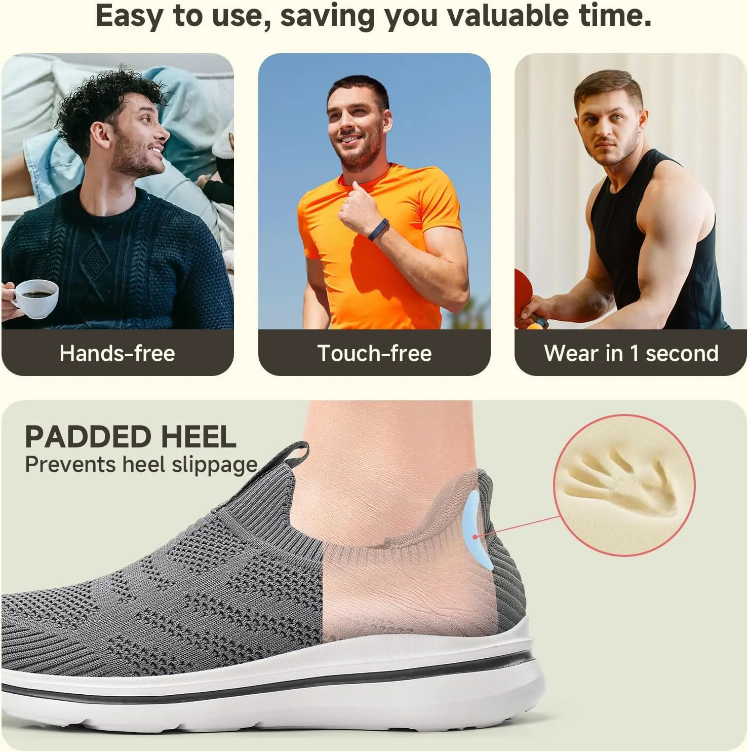 Men's Hands-Free Slip On Sneakers | Laceless Walking Shoes for Gym/Travel/Office