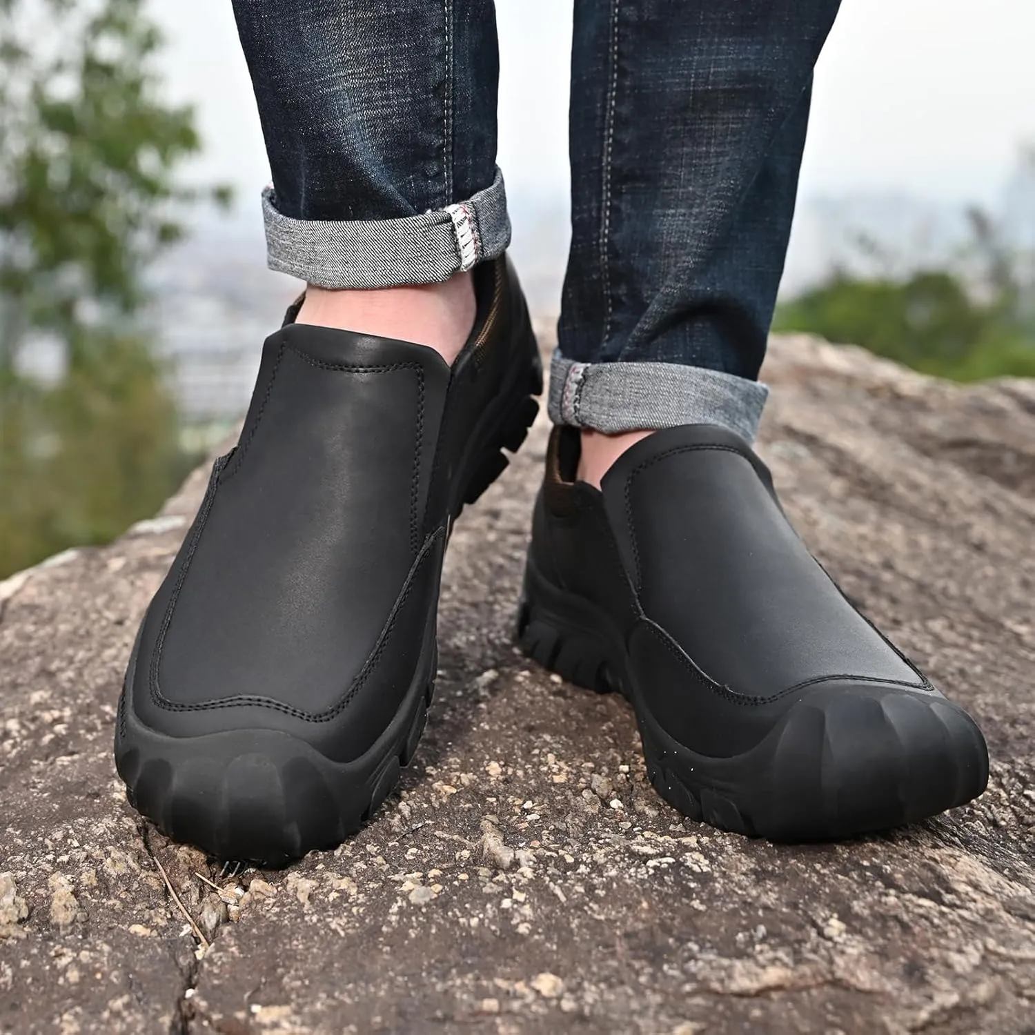 Mens Leather Slip On Hiking Outdoor Waterproof Causal Loafers Work Walking Shoes