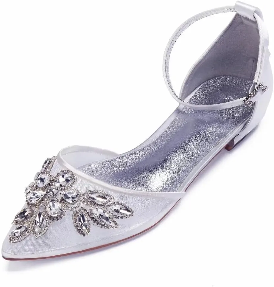 Mesh Rhinestones Wedding Flats for Bride Pointed Toe Formal Party Dress Shoes Flat