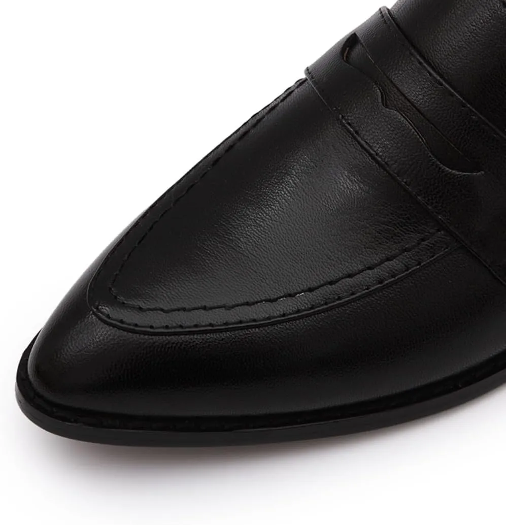 Mona flying Women's Leather Pointed Toe Penny Loafer Dress Casual Slip on Flat Office Work Shoes for Ladies