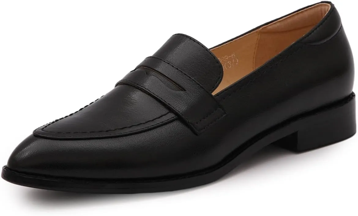 Mona flying Women's Leather Pointed Toe Penny Loafer Dress Casual Slip on Flat Office Work Shoes for Ladies