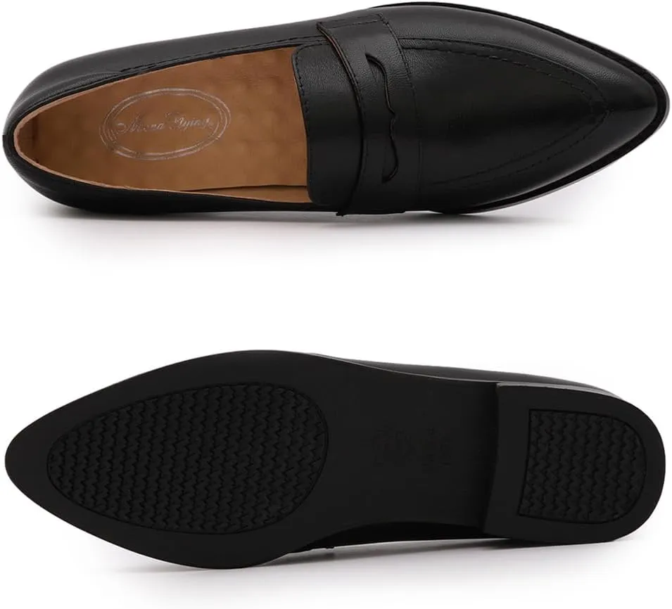 Mona flying Women's Leather Pointed Toe Penny Loafer Dress Casual Slip on Flat Office Work Shoes for Ladies