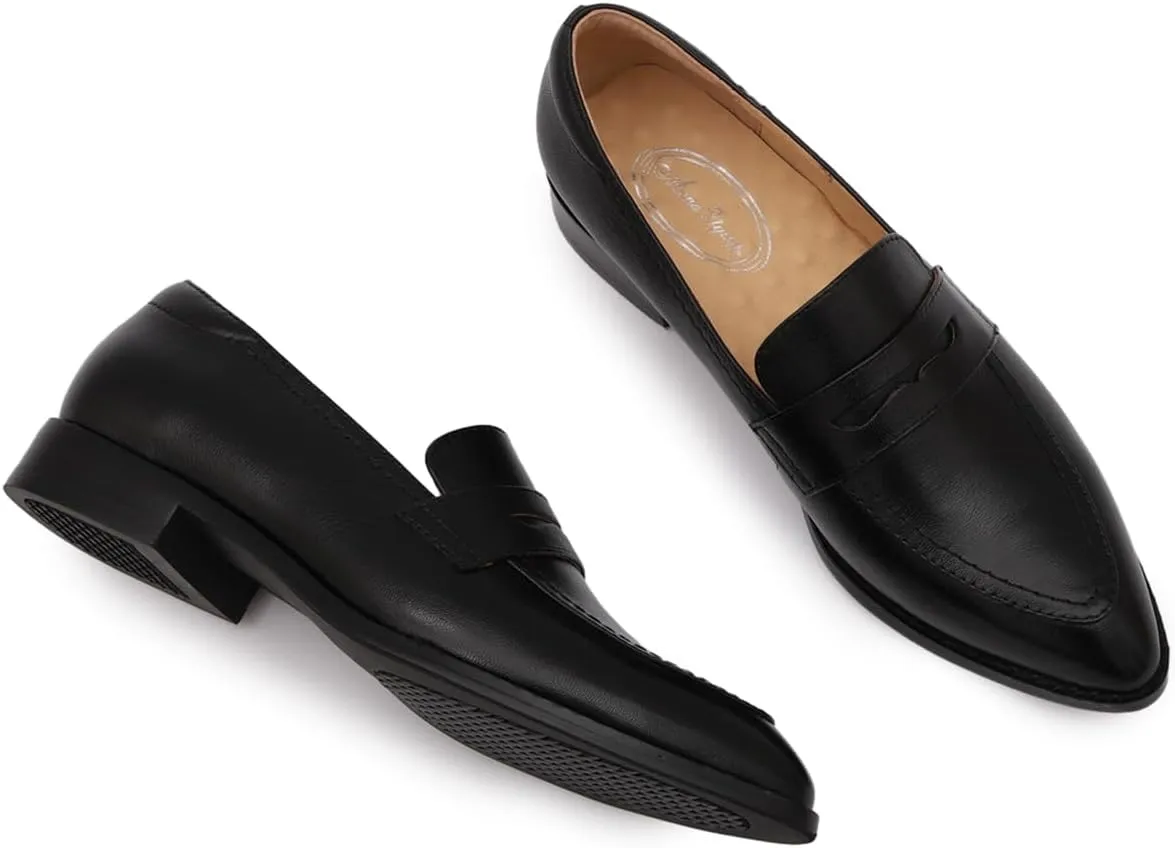 Mona flying Women's Leather Pointed Toe Penny Loafer Dress Casual Slip on Flat Office Work Shoes for Ladies