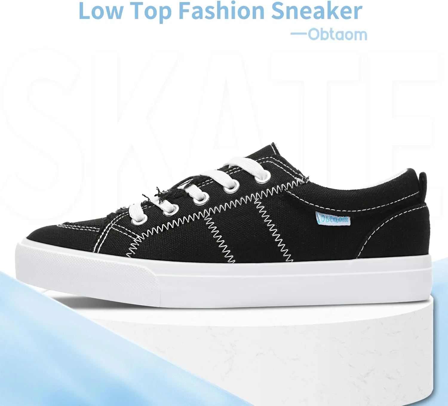 Obtaom Women's White Play Fashion Sneakers Cute Lace up Canvas Shoes Low Top Washed Canvas Flat for Lady