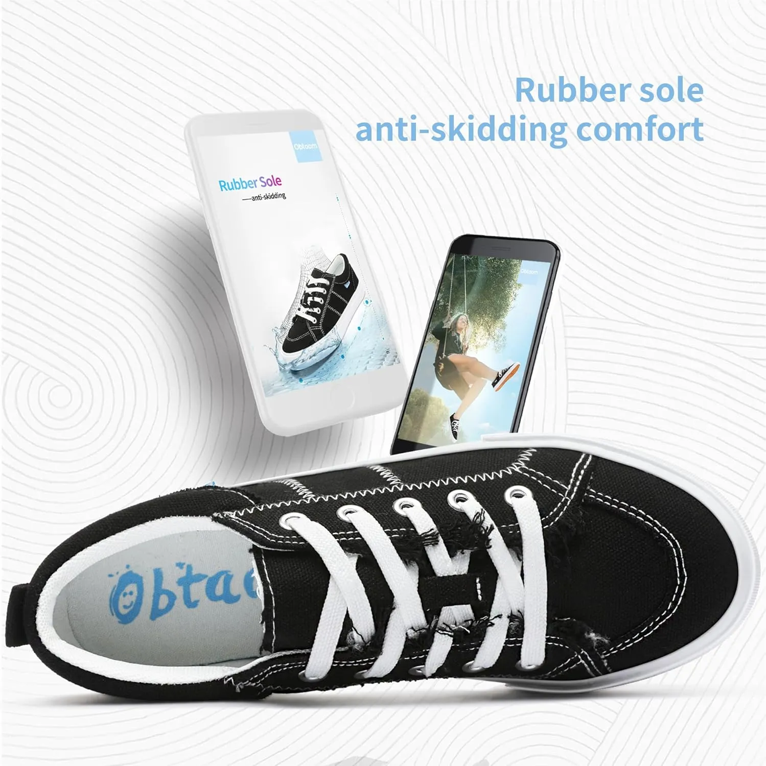 Obtaom Women's White Play Fashion Sneakers Cute Lace up Canvas Shoes Low Top Washed Canvas Flat for Lady
