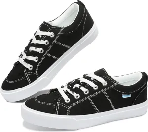 Obtaom Women's White Play Fashion Sneakers Cute Lace up Canvas Shoes Low Top Washed Canvas Flat for Lady