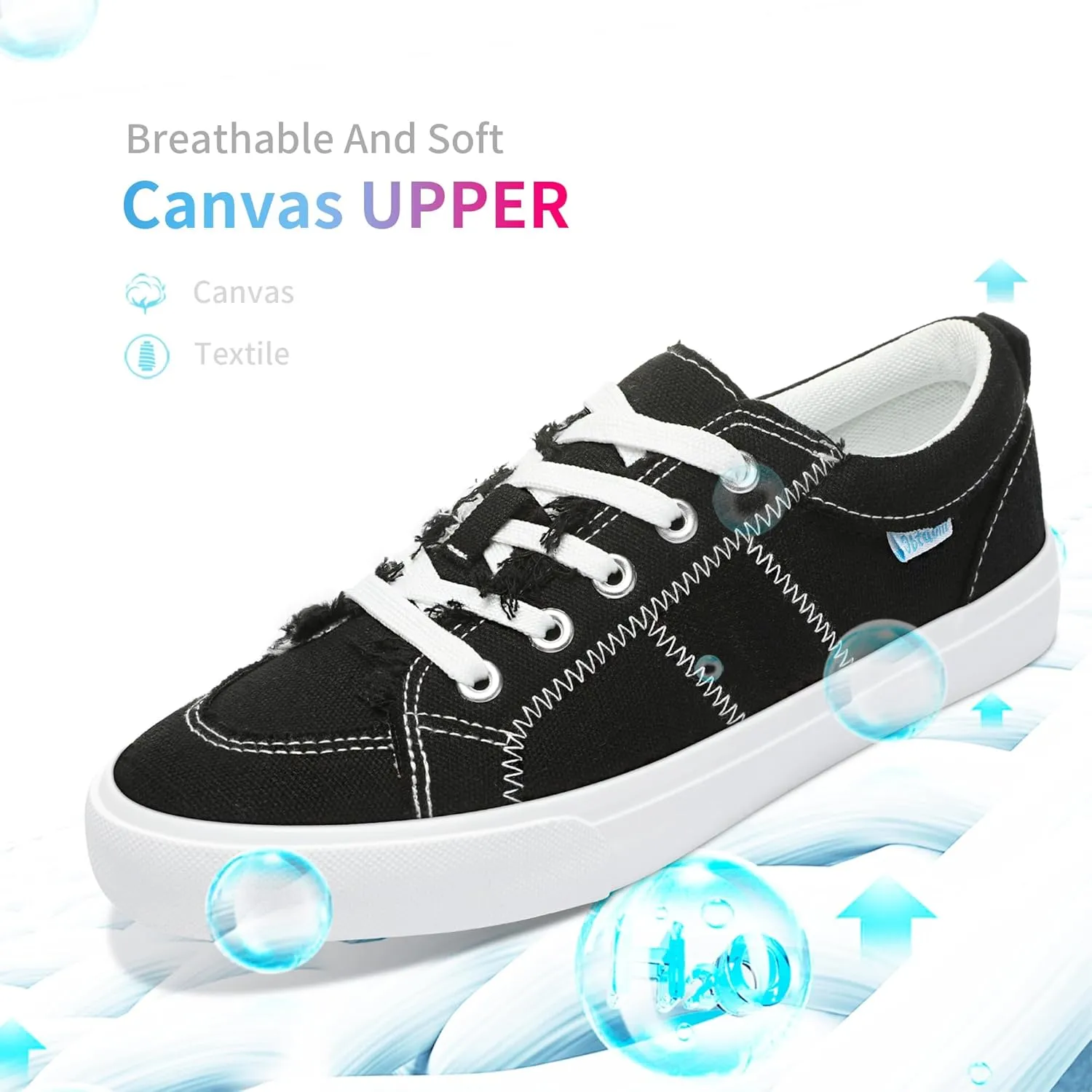 Obtaom Women's White Play Fashion Sneakers Cute Lace up Canvas Shoes Low Top Washed Canvas Flat for Lady