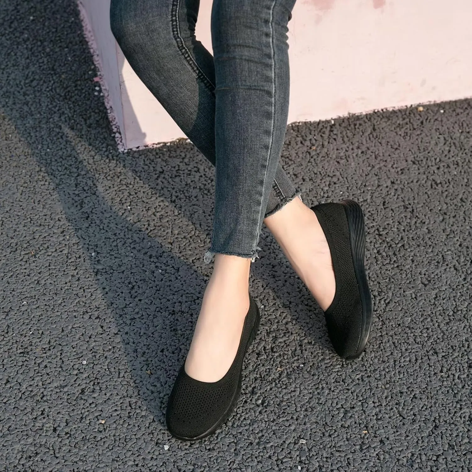 poemlady Women's Slip on Loafer Shoes - Mesh Casual Ballet Flat Nurse Walking Sneakers Round Toe Knit Casual Memory Foam Shoes
