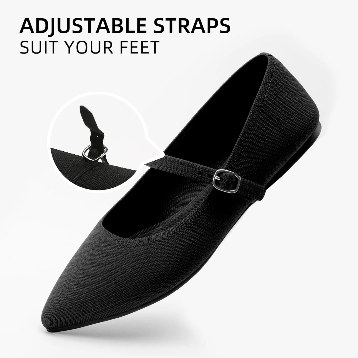 Pointed Toe Flats Knit Ballet Flat Shoes for Women Comfortable with Adjustable Strap,Washable Dressy Casual Flats for Work Office