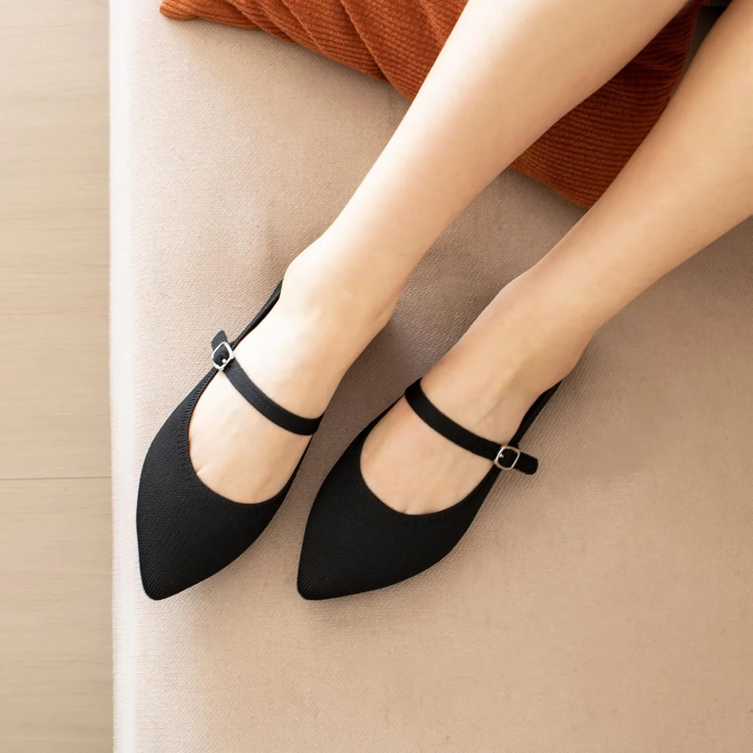 Pointed Toe Flats Knit Ballet Flat Shoes for Women Comfortable with Adjustable Strap,Washable Dressy Casual Flats for Work Office