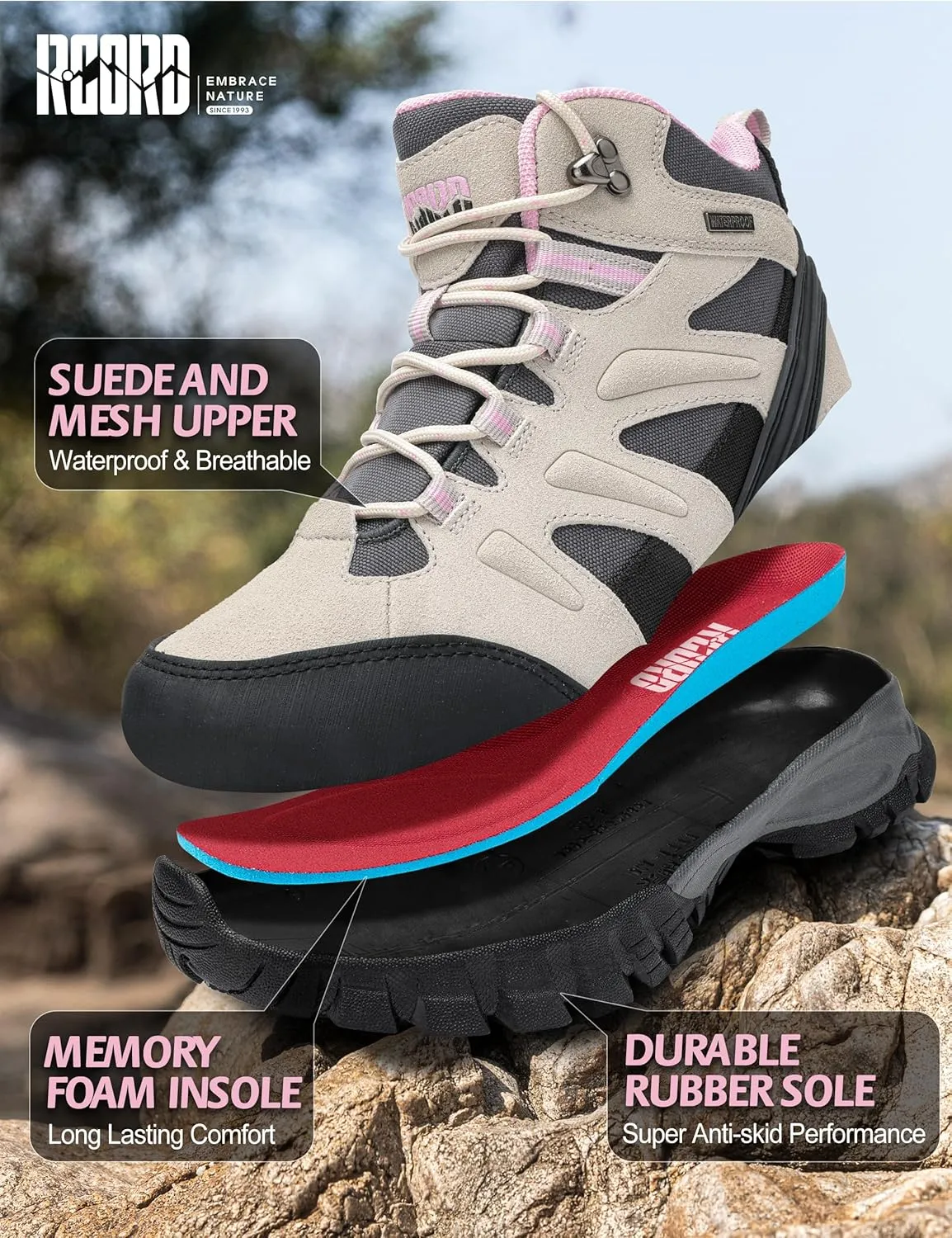 R CORD Hiking Boots Women Waterproof Womens Hiking Boots Ankle Support Hiking Boots for Women Durable Hiking Boot for Outdoors Womens Mountaineering Boots