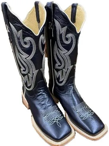 R. Watson Women's Ebony Calf Wide Square Toe Cowboy Boot - Black