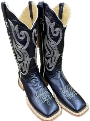 R. Watson Women's Ebony Calf Wide Square Toe Cowboy Boot - Black