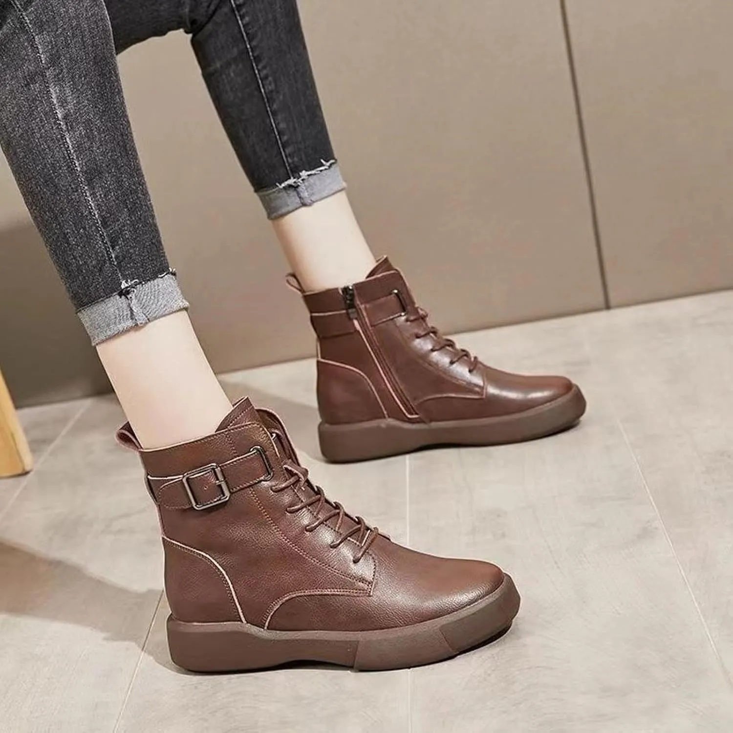 Riding Boots for Women,Womens Combat Boots Lace Up Shoes Belt Buckle Ankle Booties Comfortable Platform Short Boots