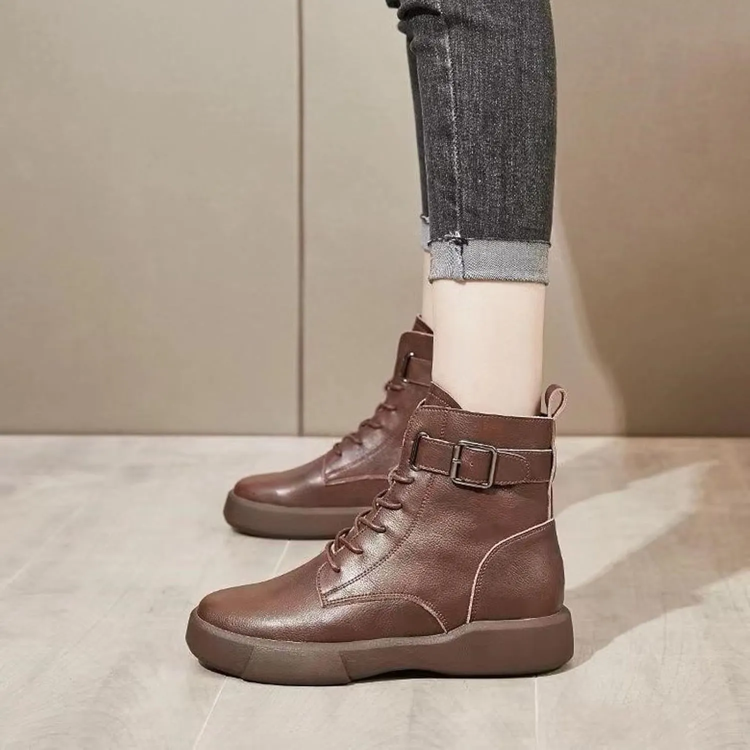 Riding Boots for Women,Womens Combat Boots Lace Up Shoes Belt Buckle Ankle Booties Comfortable Platform Short Boots