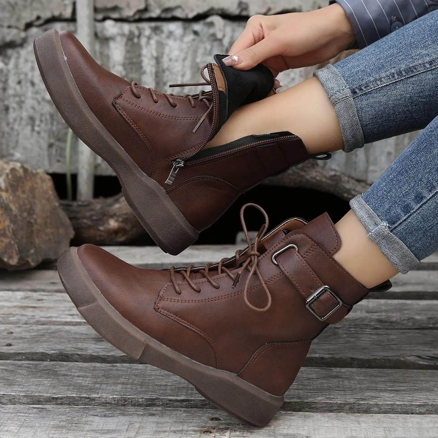 Riding Boots for Women,Womens Combat Boots Lace Up Shoes Belt Buckle Ankle Booties Comfortable Platform Short Boots