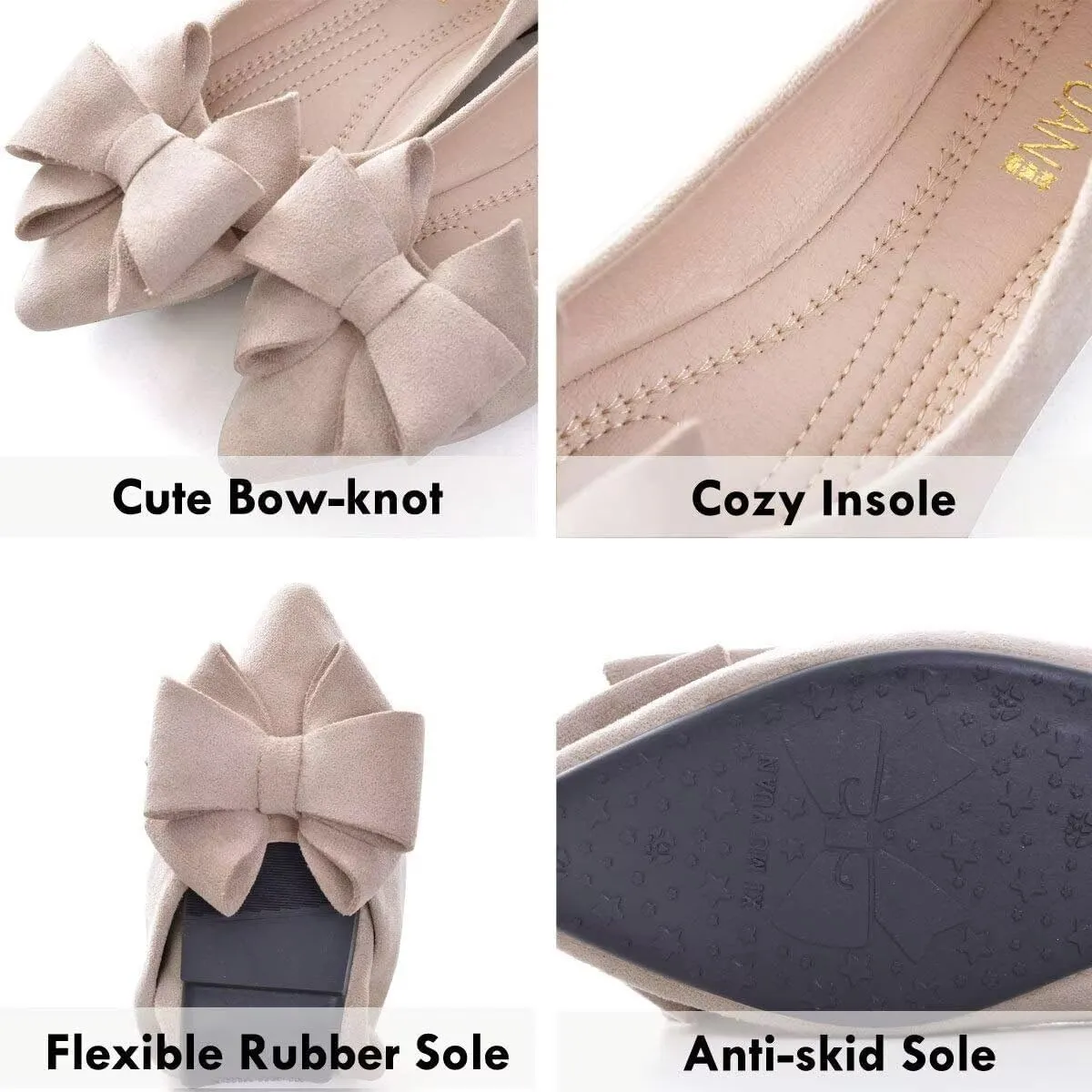 SAILING LU Bowknot Ballet Flats Womens Pointy Toe Casual Flat Shoes Suede Dress Shoes Wear to Work Slip On Moccasins