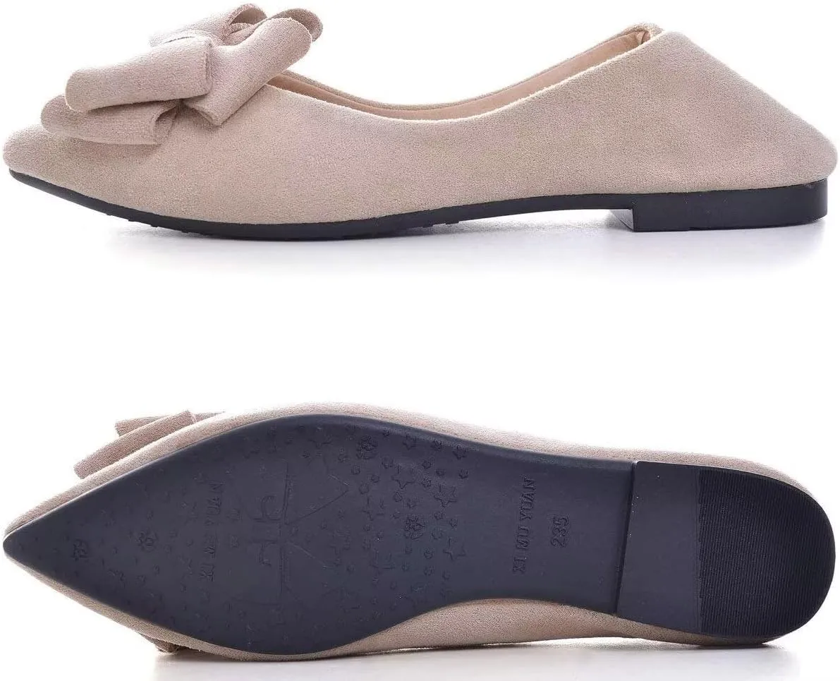 SAILING LU Bowknot Ballet Flats Womens Pointy Toe Casual Flat Shoes Suede Dress Shoes Wear to Work Slip On Moccasins