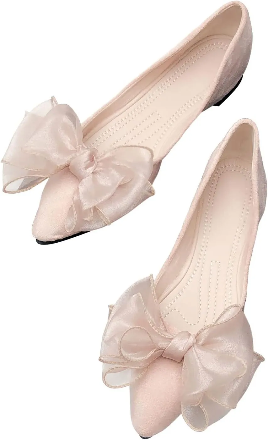 SAILING LU Womens Bow-Knot Ballet Flats Pointed Toe Low-Heel Shoes Suede Dress Shoes Slip On Moccasins