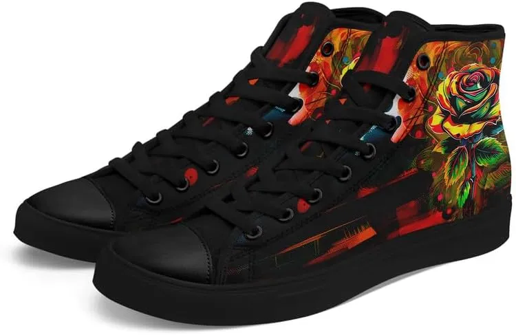 Skull High Top Sneaker for Men Women Fashion Rose Gothic Black Canvas Shoes Unisex Lace Up Casual Tennis Walking Flat Shoes