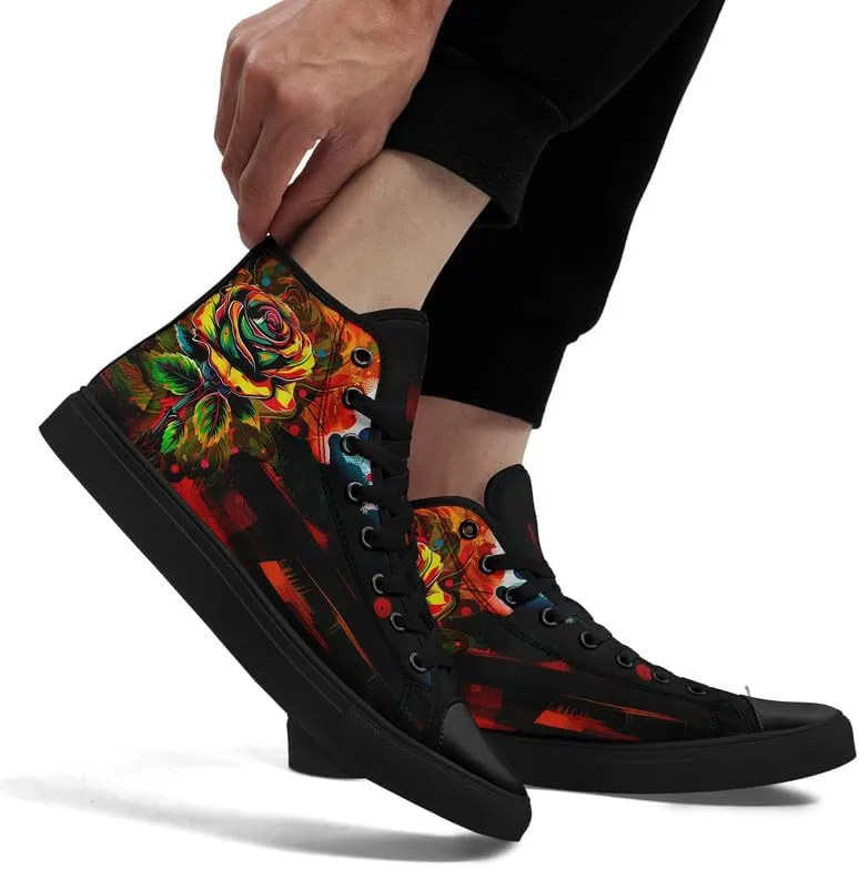 Skull High Top Sneaker for Men Women Fashion Rose Gothic Black Canvas Shoes Unisex Lace Up Casual Tennis Walking Flat Shoes