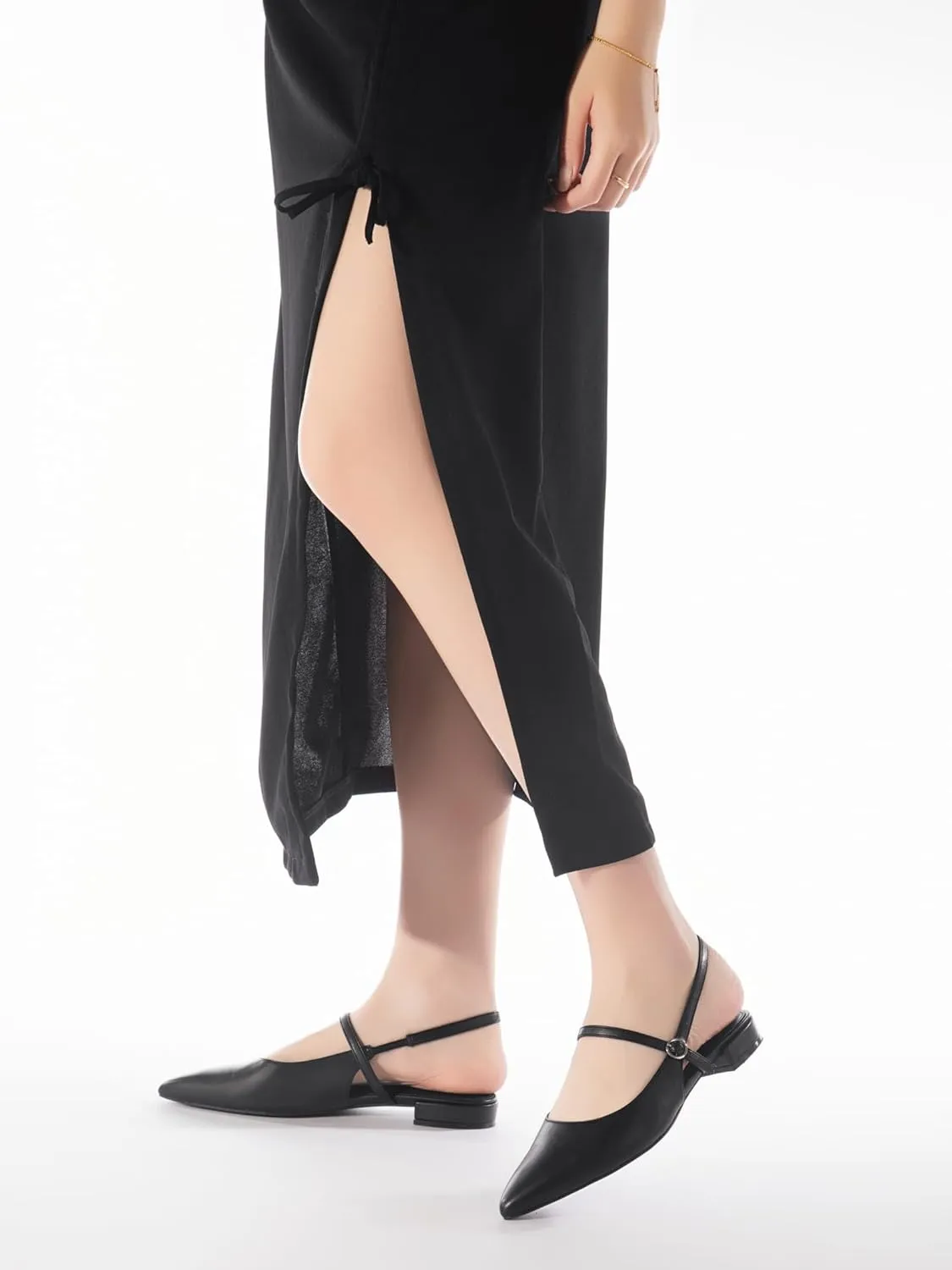 Slingback Flats for Women Mesh Gauze Pointed Toe Low Heels with Buckle Ankle Strap Dress Shoes