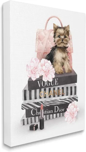 Stupell Industries Yorkie Puppy Glam Quilted Purse Fashion Bookstack, Designed by Ziwei Li Canvas Wall Art, 24 x 30, Multi-Color