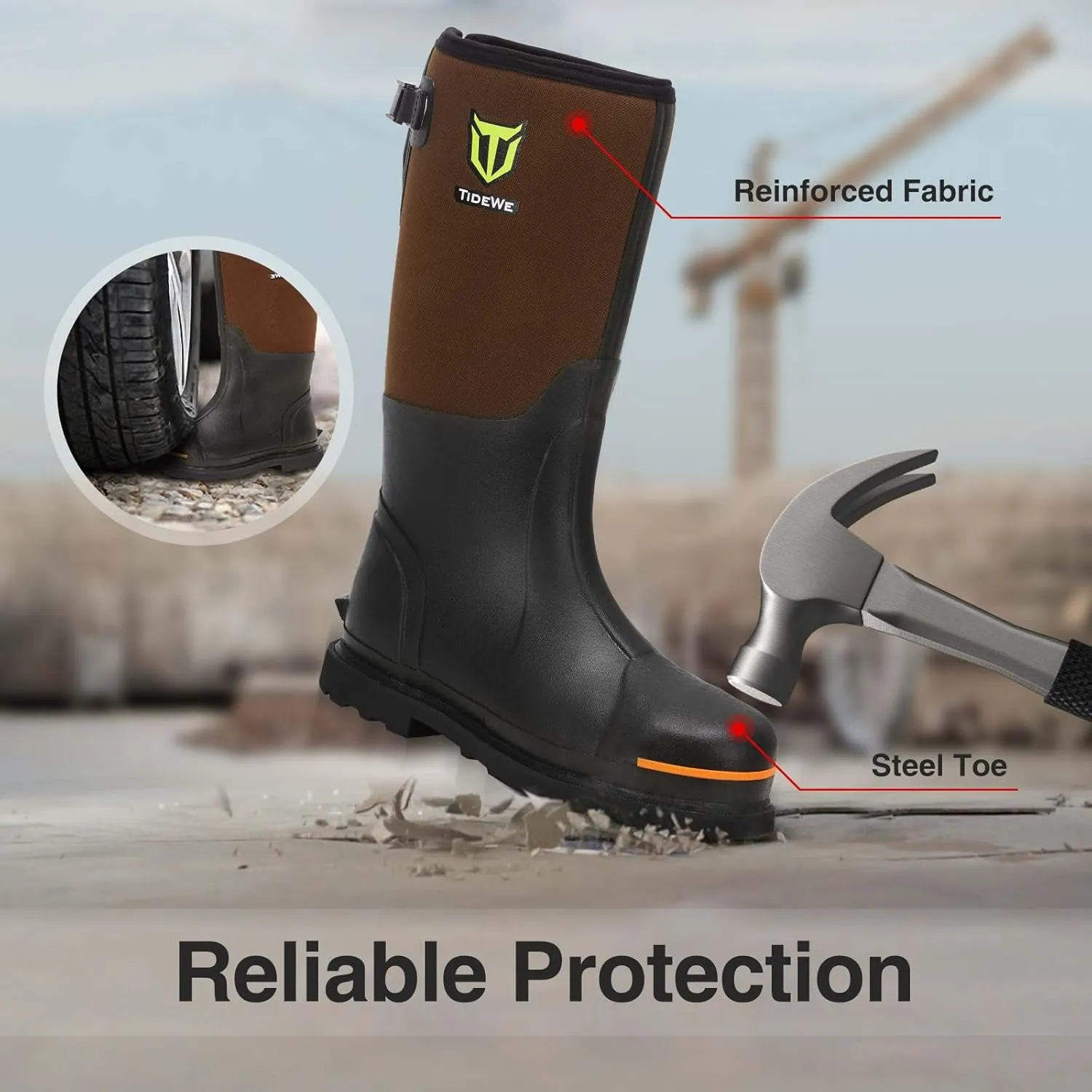 TIDEWE Rubber Work Boot for Men with Steel Toe & Shank, Waterproof Anti Slip Hunting Boot, 6mm Neoprene Hunting Boot, Sturdy Brown Rubber Boot for Manufacturing, Construction, Farming, Size 6-14