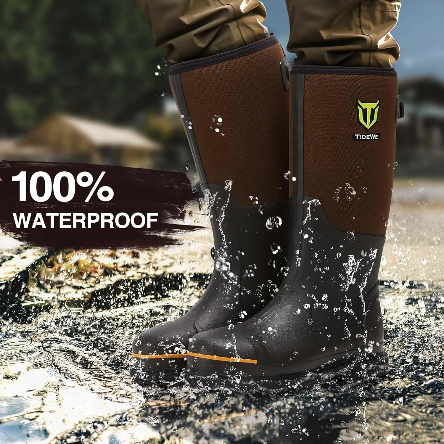 TIDEWE Rubber Work Boot for Men with Steel Toe & Shank, Waterproof Anti Slip Hunting Boot, 6mm Neoprene Hunting Boot, Sturdy Brown Rubber Boot for Manufacturing, Construction, Farming, Size 6-14
