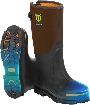 TIDEWE Rubber Work Boot for Men with Steel Toe & Shank, Waterproof Anti Slip Hunting Boot, 6mm Neoprene Hunting Boot, Sturdy Brown Rubber Boot for Manufacturing, Construction, Farming, Size 6-14