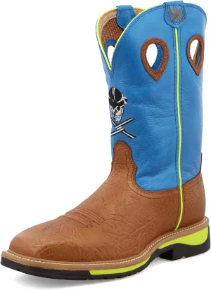 Twisted X Men's 12" Western Work Boot, Square Toe Steel Toe, Brown Oiled Shoulder & Neon Blue, 11 EE