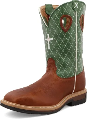 Twisted X Men's 12" Western Work Boot, Square Toe Steel Toe, Cognac Glazed Pebble & Lime, 11.5 EE