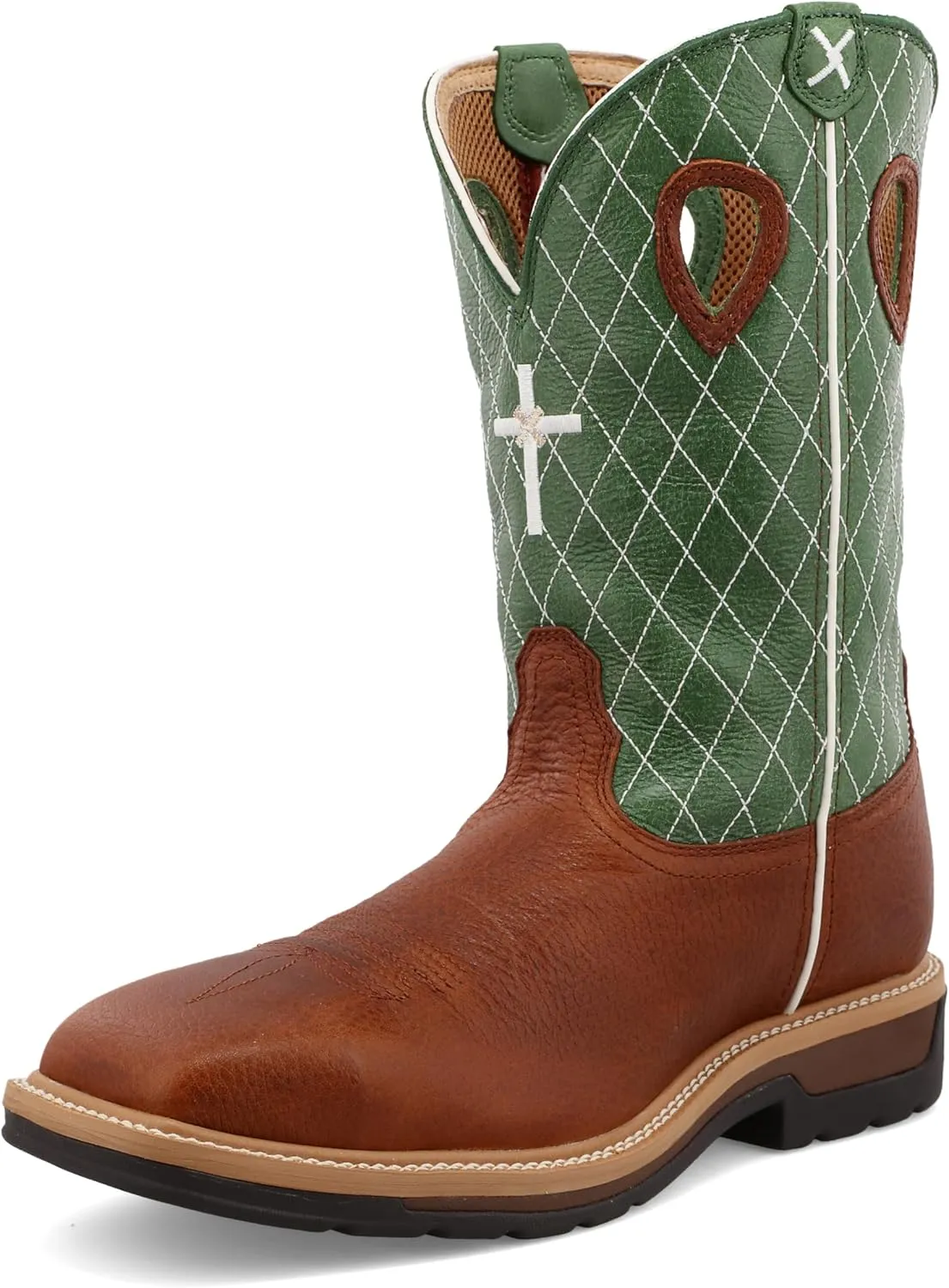Twisted X Men's 12" Western Work Boot, Square Toe Steel Toe, Cognac Glazed Pebble & Lime, 11.5 EE