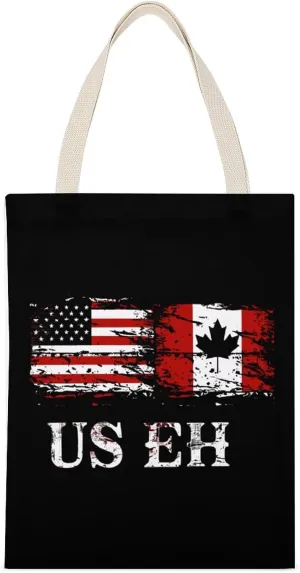 US EH U.S. Canada Flag Printed Canvas Tote Bags Shoulder Bag Reusable Grocery Shopping Handbag DIY Gifts 14"x18"