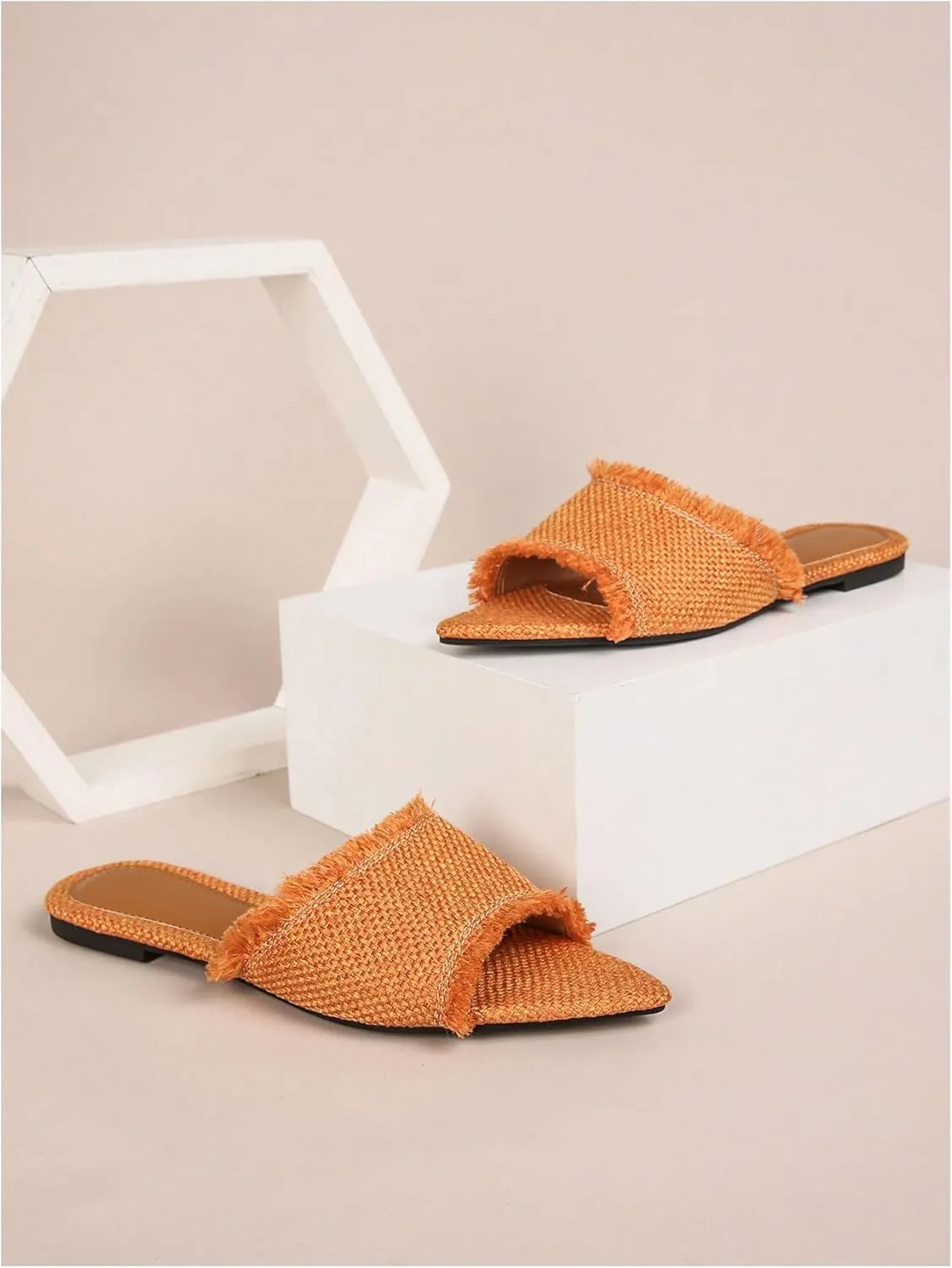Verdusa Women's Pointed Toe Denim Flat Sandals Open Toess Slip On Summer Flats