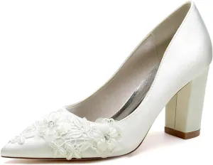 Wdding Shoes for Women Chunky High Heels Satin Bridal Shoes Satin with Embroidery Lace Flower Pointed Toe Slip-on Pump Sandals