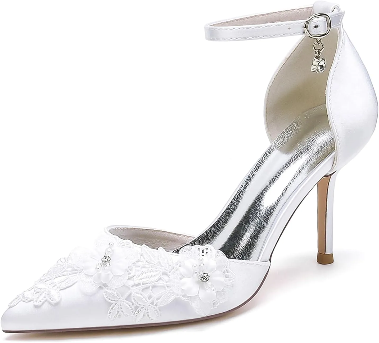 Wedding Shoes for Women Pointed Toe Adjustable Ankle Strap Satin With Embroidery Lace Flower Heel Pumps Sandal
