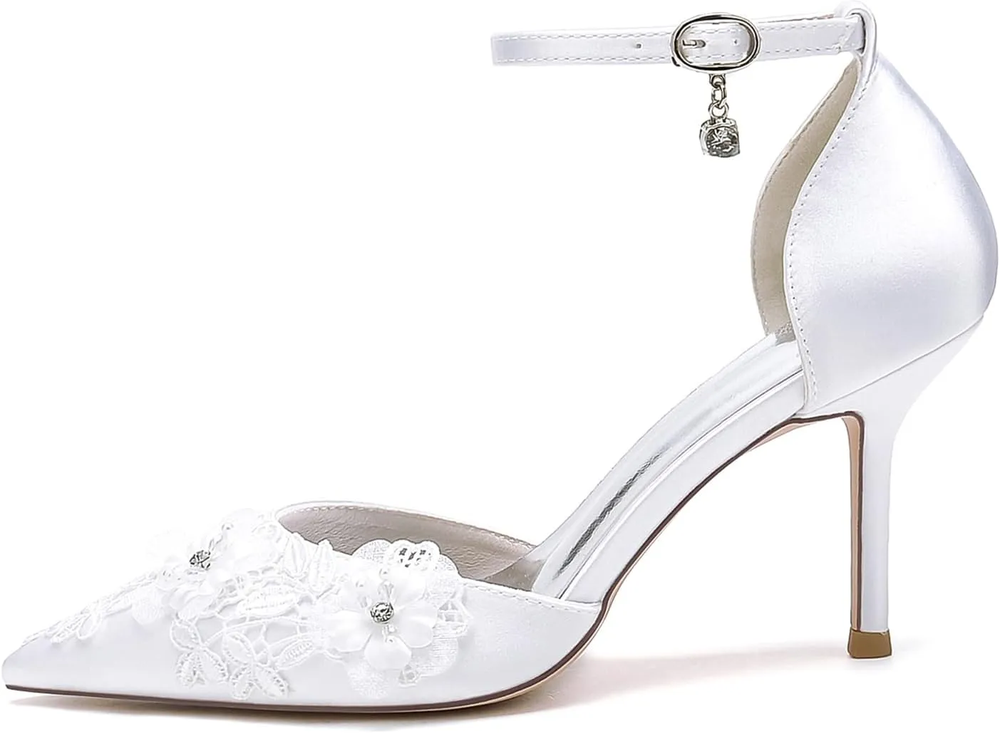 Wedding Shoes for Women Pointed Toe Adjustable Ankle Strap Satin With Embroidery Lace Flower Heel Pumps Sandal
