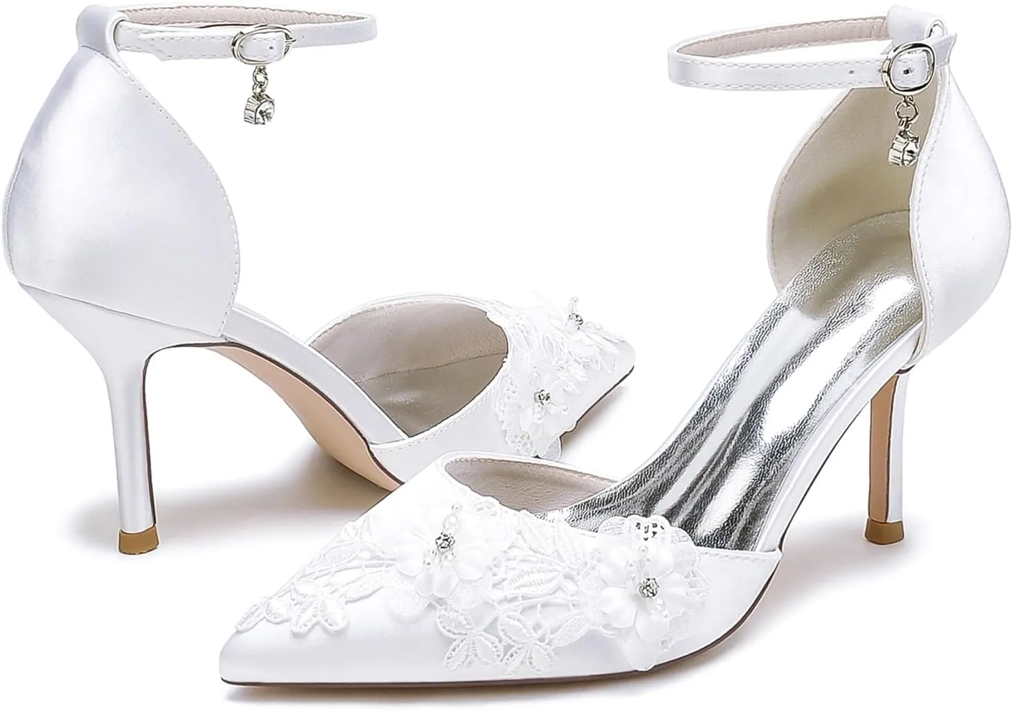 Wedding Shoes for Women Pointed Toe Adjustable Ankle Strap Satin With Embroidery Lace Flower Heel Pumps Sandal