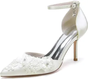 Wedding Shoes for Women Pointed Toe Adjustable Ankle Strap Satin With Embroidery Lace Flower Heel Pumps Sandal