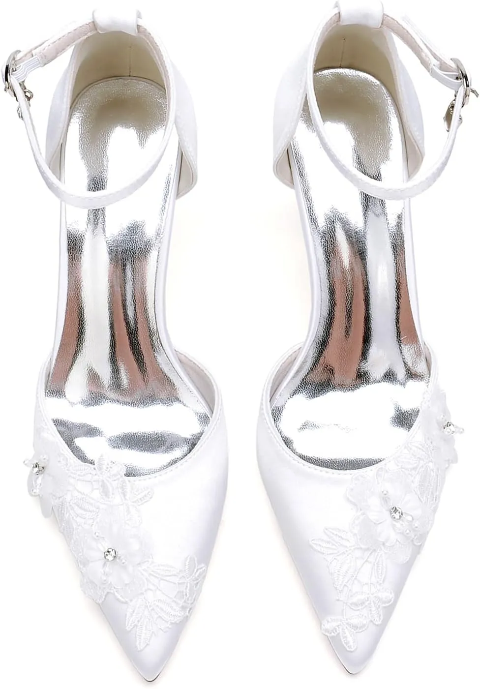 Wedding Shoes for Women Pointed Toe Adjustable Ankle Strap Satin With Embroidery Lace Flower Heel Pumps Sandal