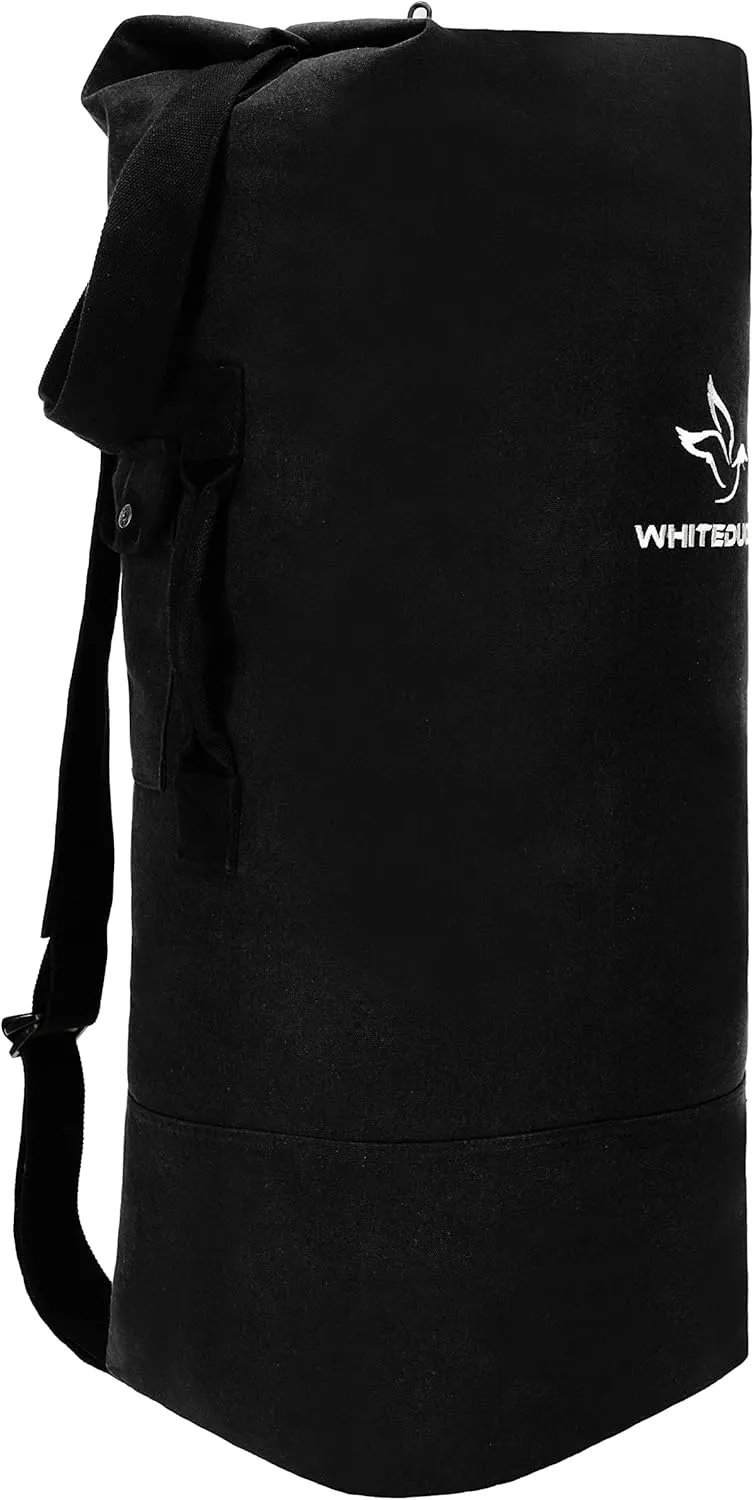 WHITEDUCK G.I Top Load Military Rucksack Style Double Strap Duffel Bag Heavy Duty and Water Resistant- Gym, Sports, Travel, Hiking, Backpacking (21" x 37", Black)