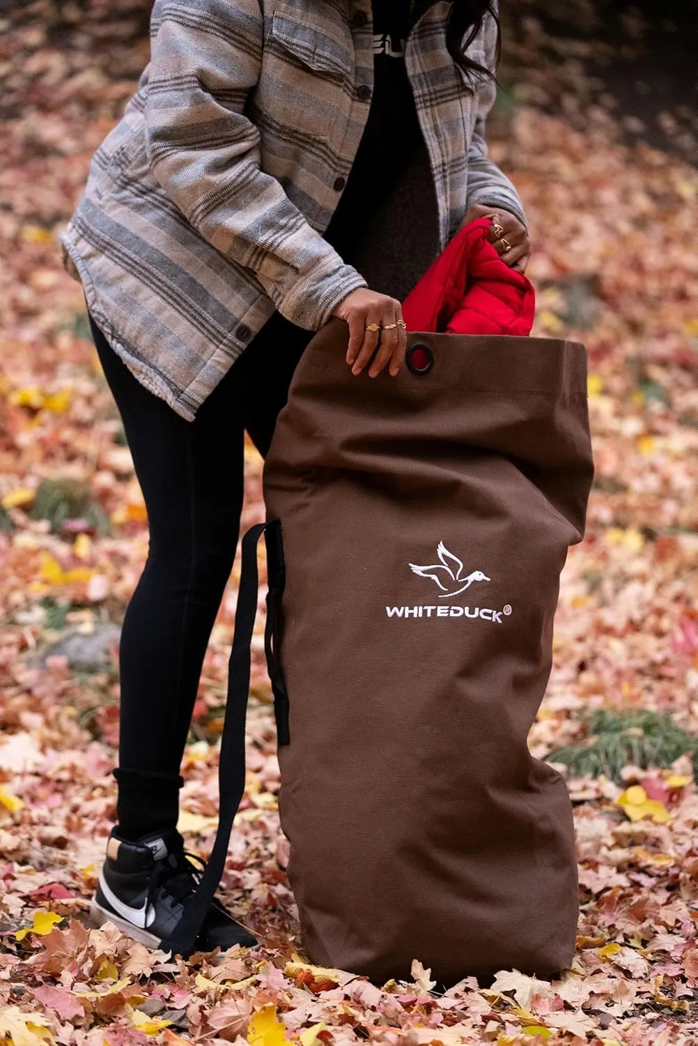 WHITEDUCK Top Load Canvas Folding Duffel Bag, Water Resistant Army Style Shoulder Bag for Men and Women- Gym, Sports, Travel, Hiking, Camping, Backpacking (Large 25" x 42",Brown)