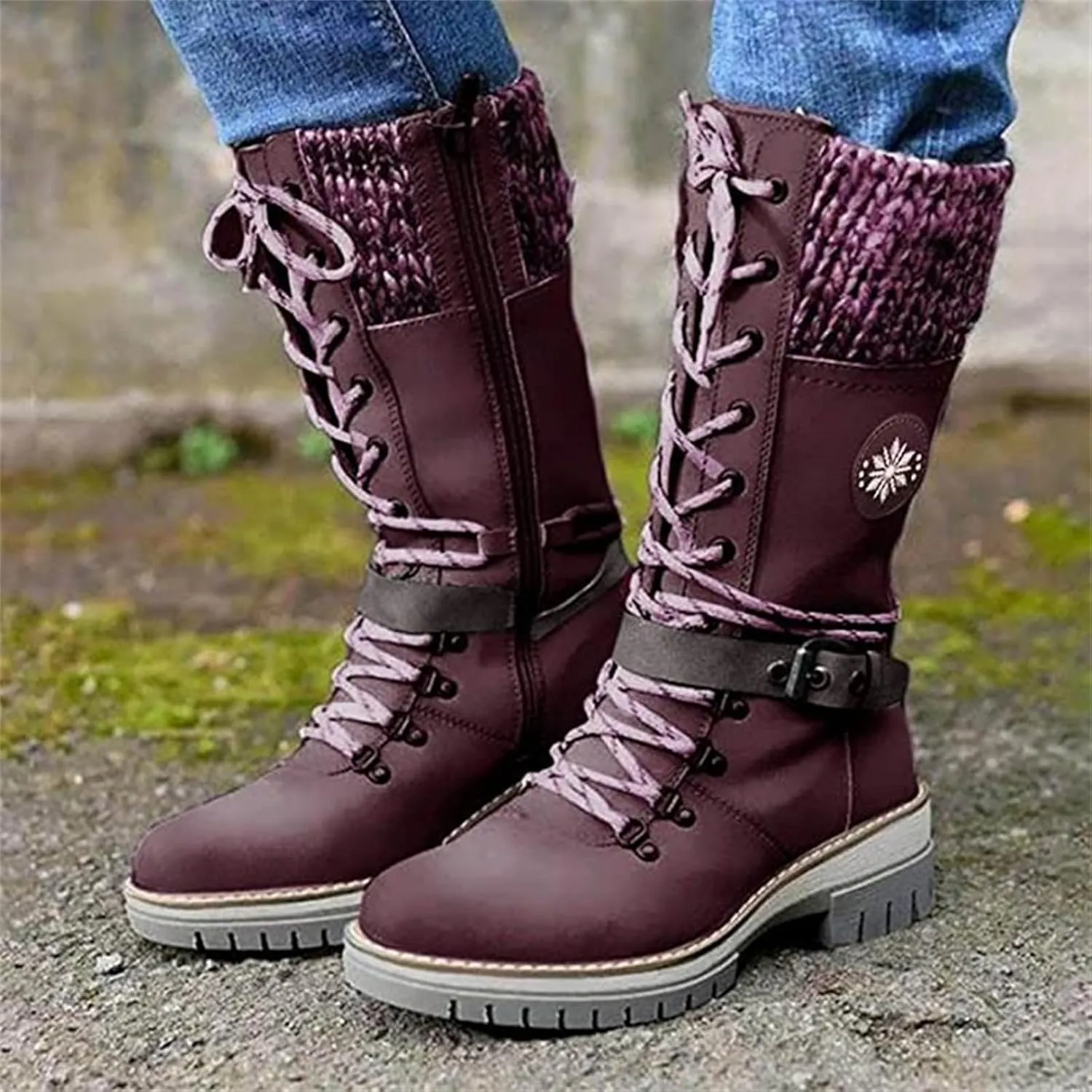 Women Buckle Knitted Mid Calf Boots Winter Warm Lace up Outdoor Casual Cowboy Boots Round Toe Dressy Snow Booties