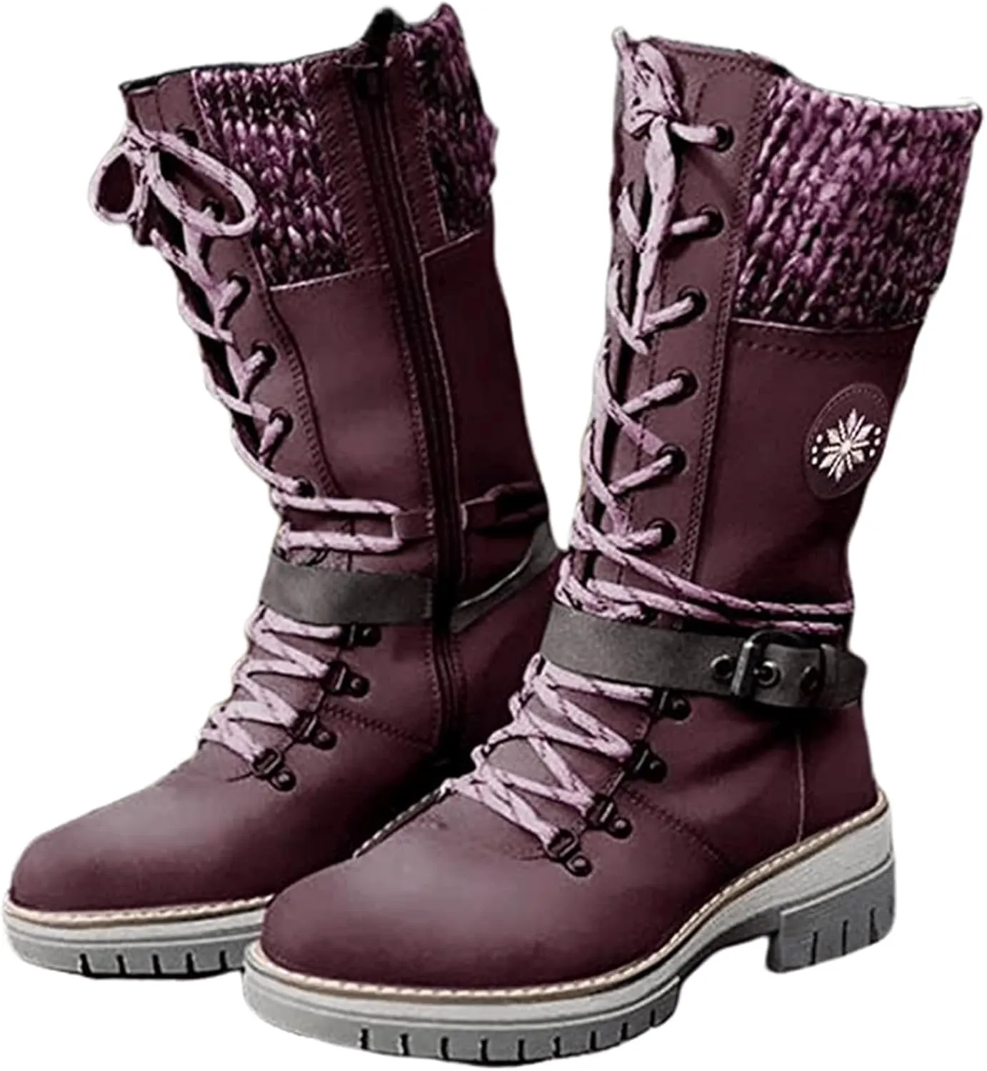Women Buckle Knitted Mid Calf Boots Winter Warm Lace up Outdoor Casual Cowboy Boots Round Toe Dressy Snow Booties