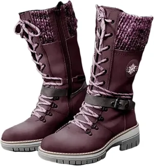 Women Buckle Knitted Mid Calf Boots Winter Warm Lace up Outdoor Casual Cowboy Boots Round Toe Dressy Snow Booties