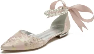 Women's Casual Pointed Toe Pumps Flat Wedding Shoes Satin Floral Ballet Comfort Walking Flats Shoes